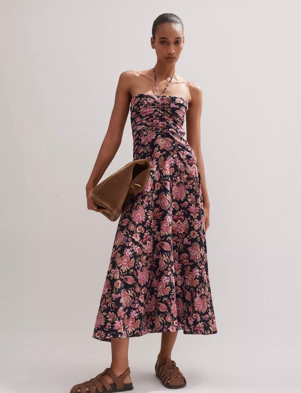 ME+EM Paisley Print Midi Dress Halter Cotton Pink Floral Size 10 Drop Waist